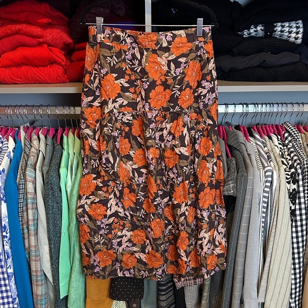 Haute Hippie 100% linen brown/orange floral elastic waistband aline skirt size L